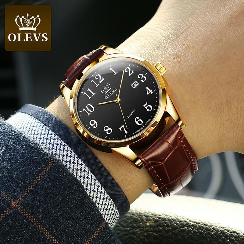 Часы OLEVS парные мужские/женские, брендовые Роскошные водонепроницаемые повседневные часы с кожаным ремешком для влюбленных