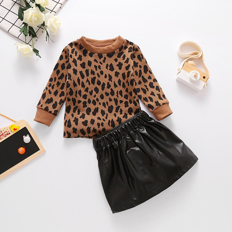 Roupa das crianças 2021 outono primavera nova menina leopardo suéteres terno 2 pçs moda pu zíper saias define roupas de bebê quente
