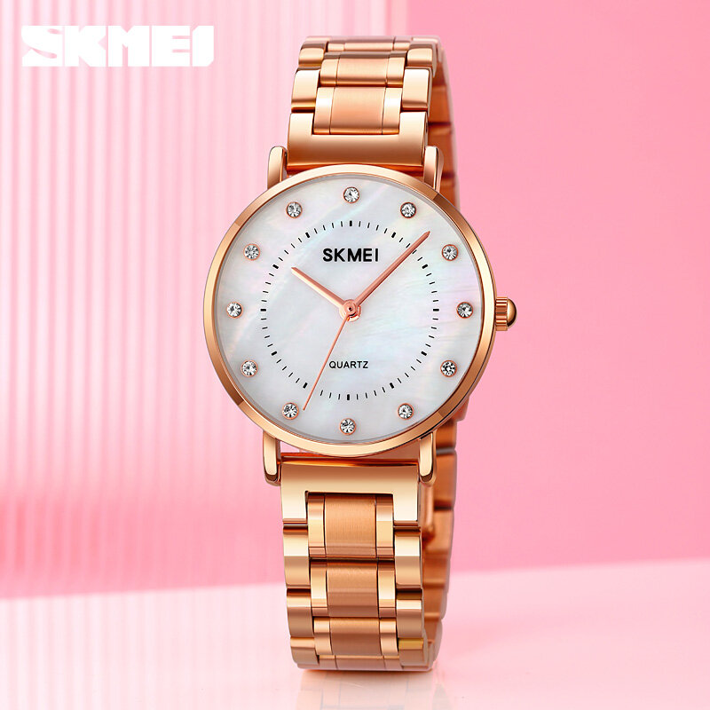 SKMEI-relojes de mujer con correa de acero, reloj de cuarzo de marca superior, reloj de pulsera informal, lo mejor para regalo