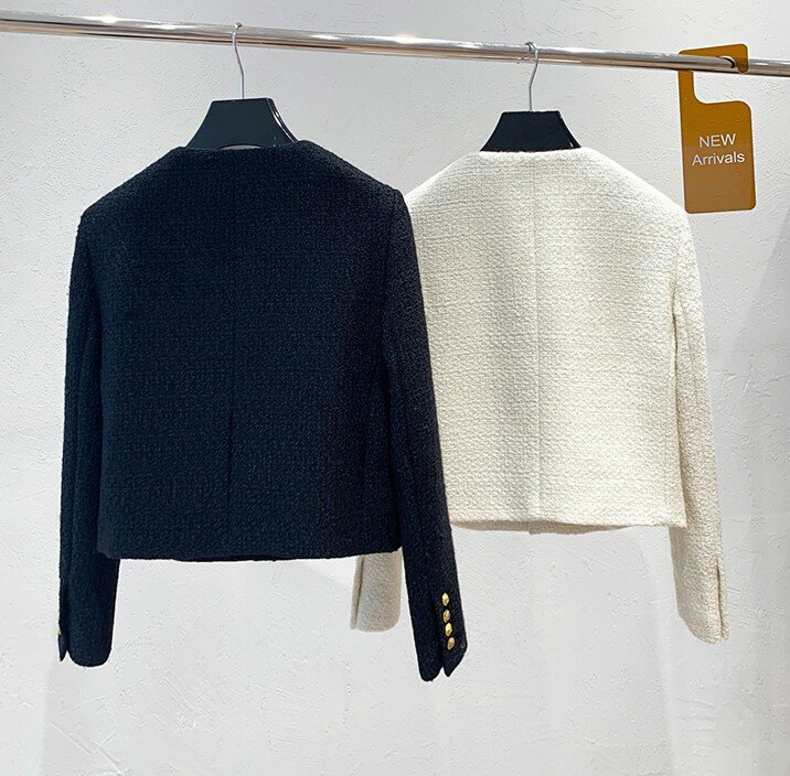 Manteau de veste à manches longues pour femme, petit vêtement d'extérieur en Tweed noir parfumé, mélange de laine avec des boutons dorés, automne-hiver, 2021