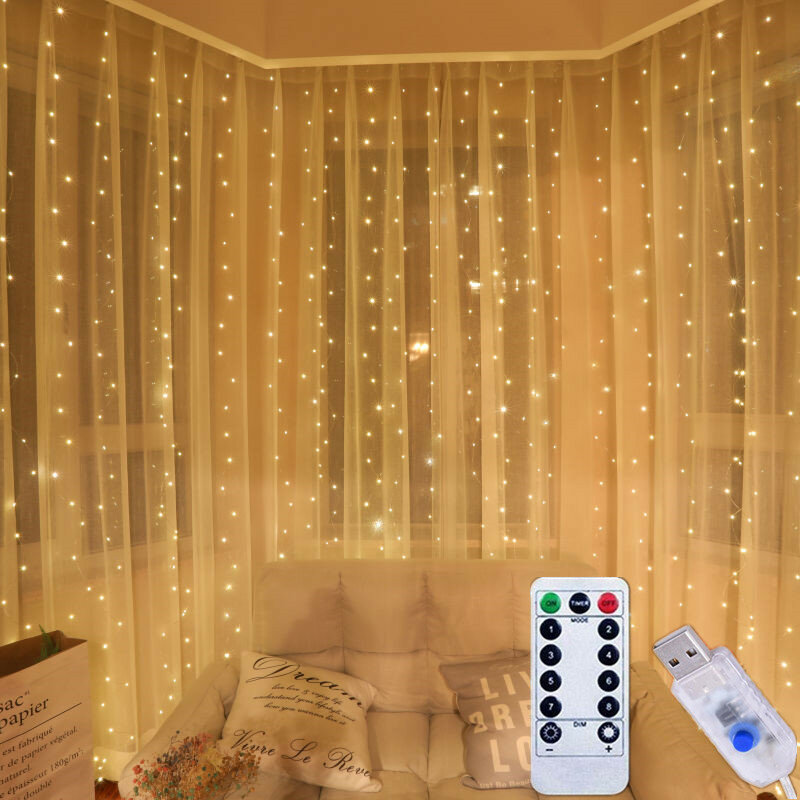 3m cortina led luzes de fadas controle remoto usb string luz natal decoração para casa quarto festa casamento iluminação do feriado