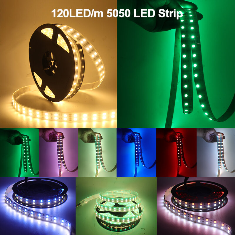 Tira de luces Led RGB 5050 RGBW RGBWW, 12V, 24V, 120LED/m, cinta Flexible de doble fila, IP67, resistente al agua