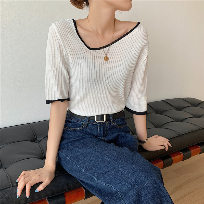 CMAZ Two Versions 2021 new loose Knitted T-shirt Women Korean design Half Sleeve Irregular Neck Ins Fashion Tops Female 932#