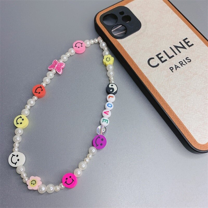 HangZhi 2021 New Colorful LOVE letter Yin Yang Random Color Acrylic Soft Pottery Smiley Face Trendy Girls Phone Chain Strap