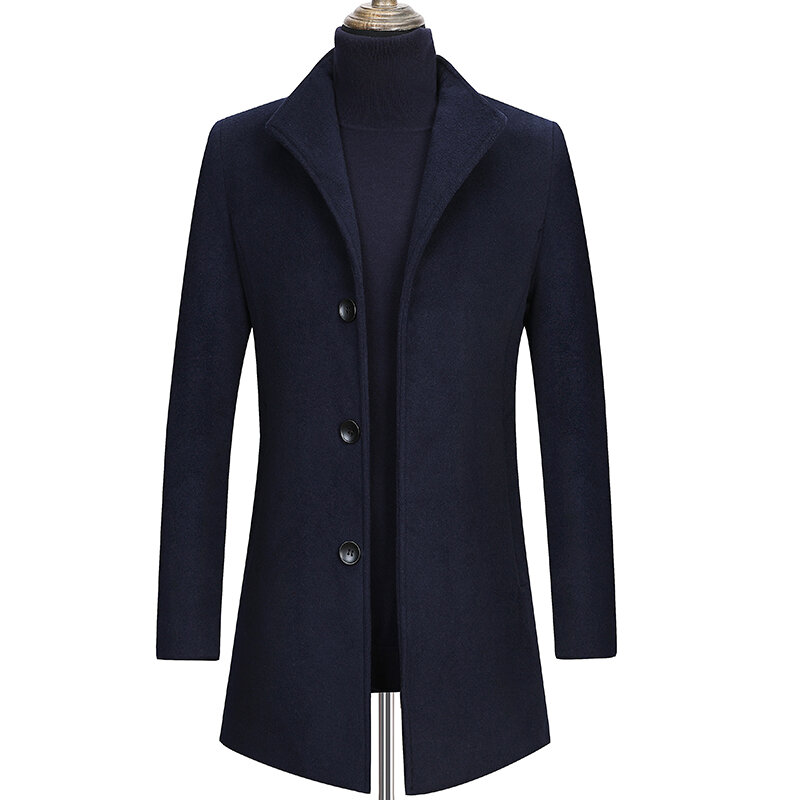 Мужское шерстяное пальто с воротником-стойкой, утепленное деловое пальто большого размера с длинным рукавом, Осень-зима