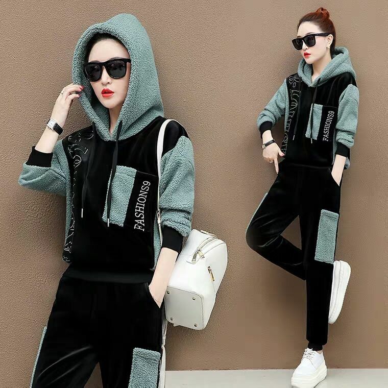Women's suit new fluffy casual sportswear women's autumn and winter double-sided cashmere coat sweater two-piece set