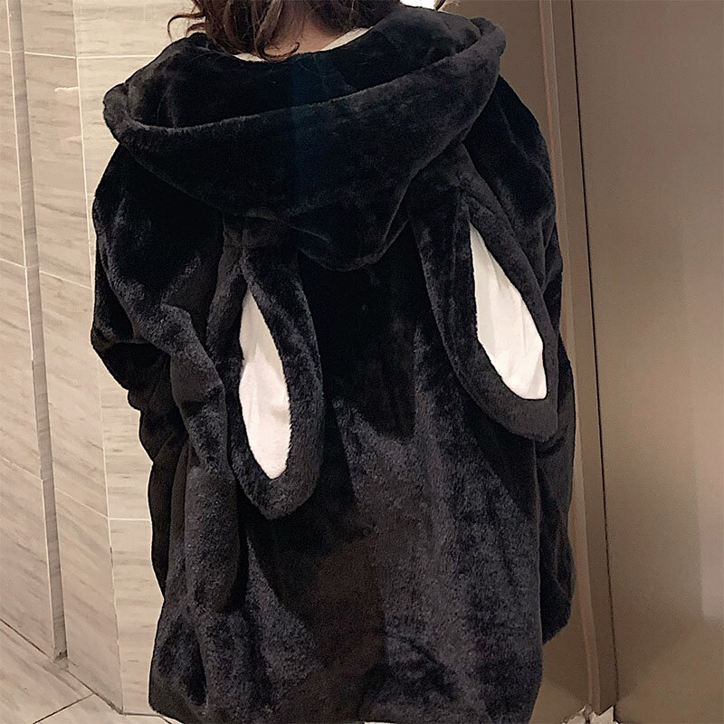 Sweat à capuche gothique Harajuku noir mignon oreilles de lapin Kawaii, vêtements d'extérieur pour femmes, doux coréen lâche manteaux en peluche chauds