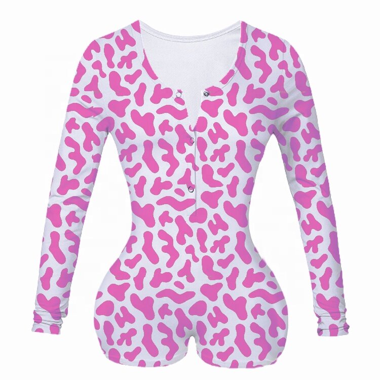 Ladies Sexy Pajamas Long Sleeves Pink Print Valentine's Day One Piece Bodysuit Long Sleeve Bodycon Rompers Pajama
