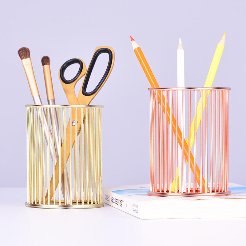 Waterfall rose gold wrought iron pen holder gold hollow office desk storage tube Nordic simple metal chopsticks cage