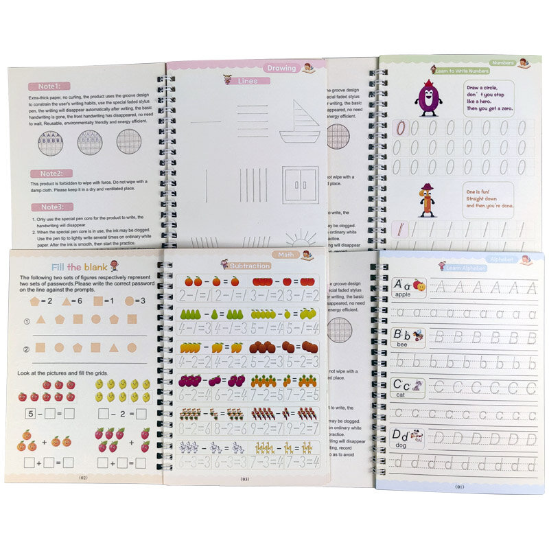 4 livros reutilizáveis copybook para caligrafia aprender alfabeto pintura aritmética matemática crianças prática caligrafia brinquedos