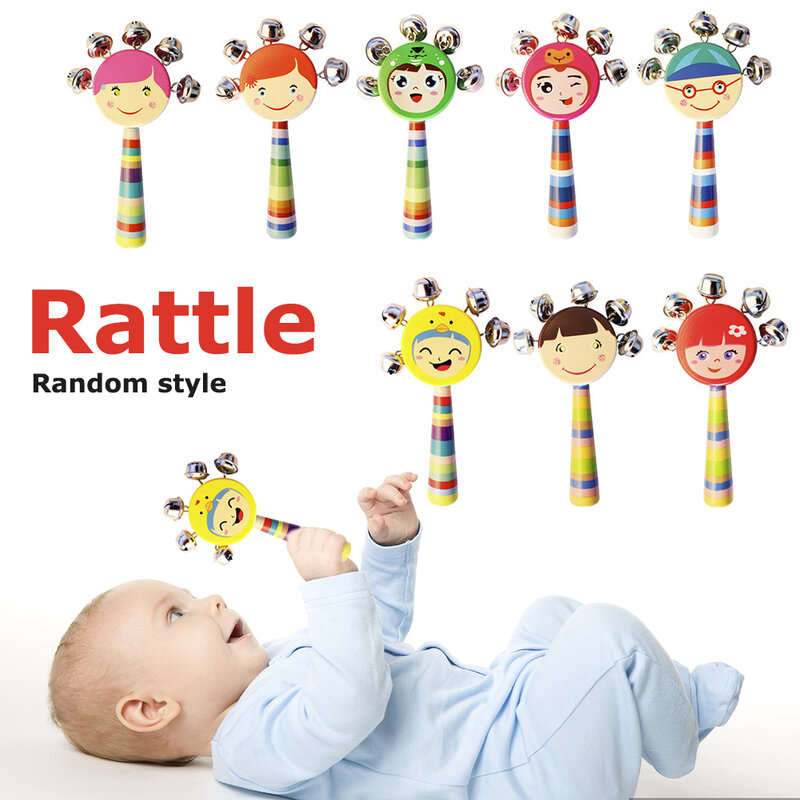 เพลงของเล่นเสียง Bed Bells ไม้ Handbell Smile Face Rattle Toy Percussion เครื่องดนตรีสีสุ่มทารกใหม่ Born ของขวัญ