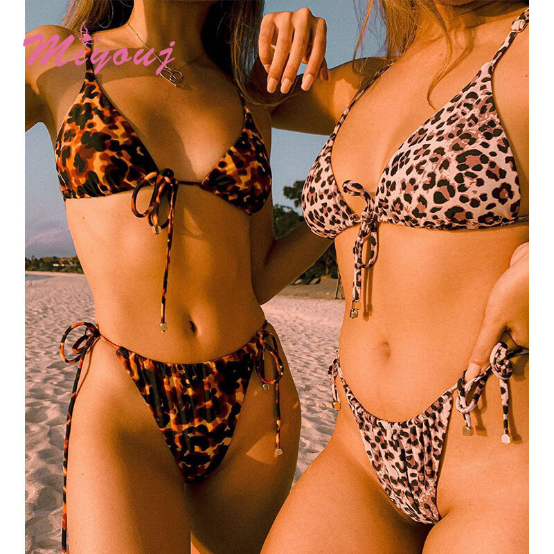 Fashion Leopard Print Swimsuit Sexy Low Waist Thong High Quality Swimwear Women Bandage Bikini Set Halter Biquini