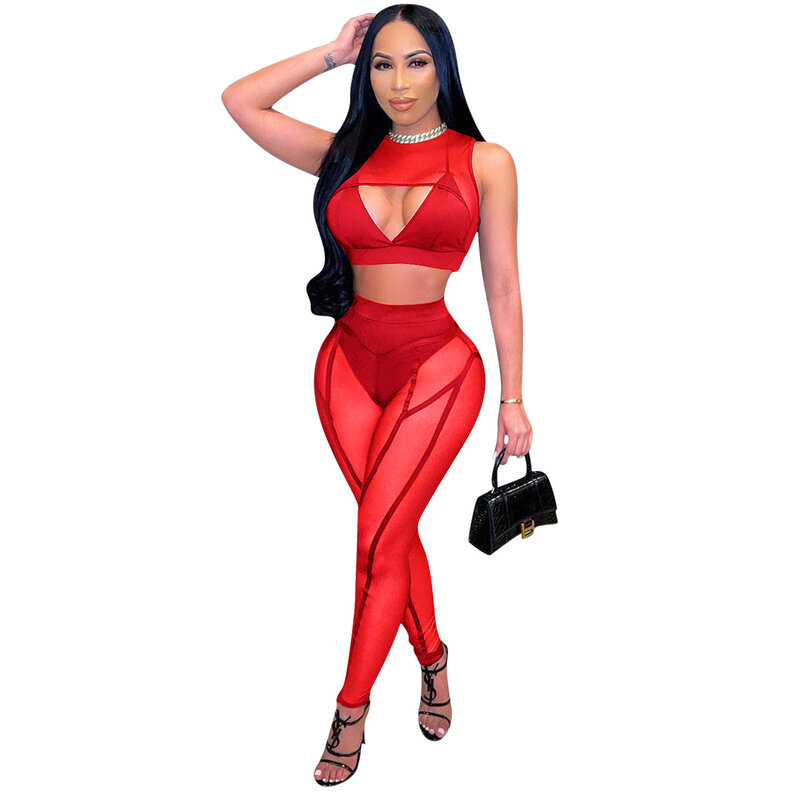Casaul Women Tracksuit Two Piece Set Hollow Out Crop Tank Top And Long Pants Sheer Mesh Party Night Clubwear Clothes For Women