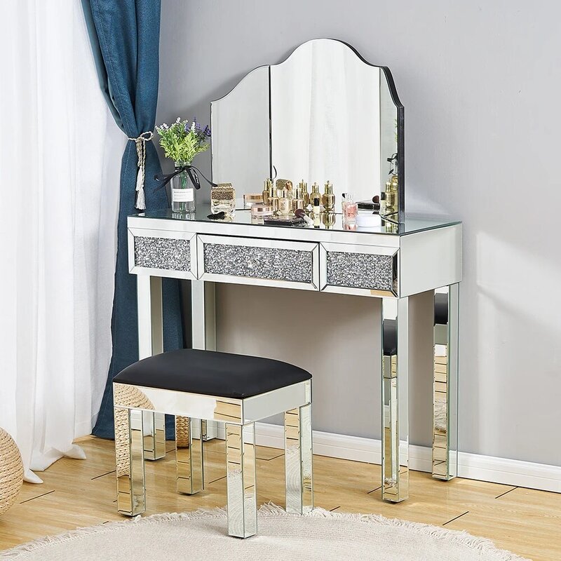 Exquisite Crystal Mirrored Entryway Console Glass Desk Bedroom Dressing Makeup Table Livingroom Display Stand Toucadores