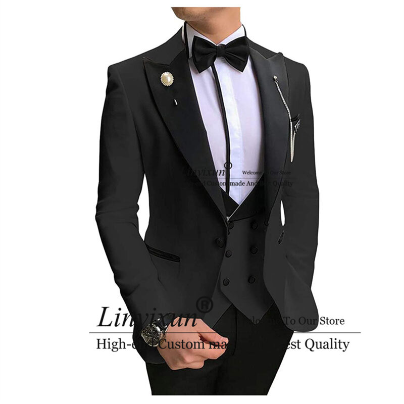 ผู้ชายสีดำชุด Notched Lapel งานแต่งงานเจ้าบ่าว Tuxedos ธุรกิจที่ดีที่สุด Man ชุดสำหรับปาร์ตี้3ชิ้นเสื้อแจ...