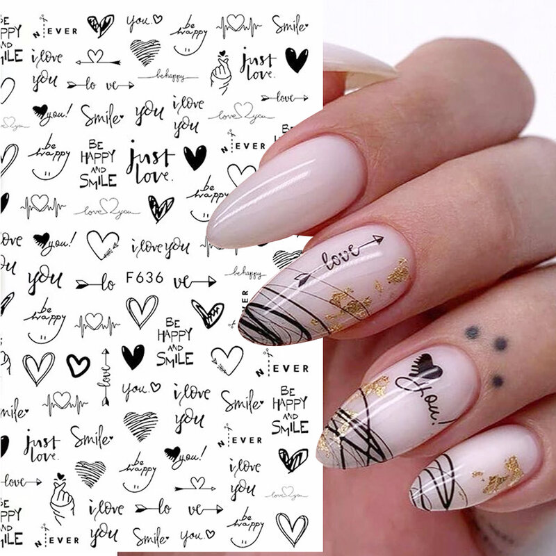 1pc Black Heart Sliders for Nails Stickers 3D Red White Love Wedding Design Valentine Manicure Nail Art Decoration Decals CHF740
