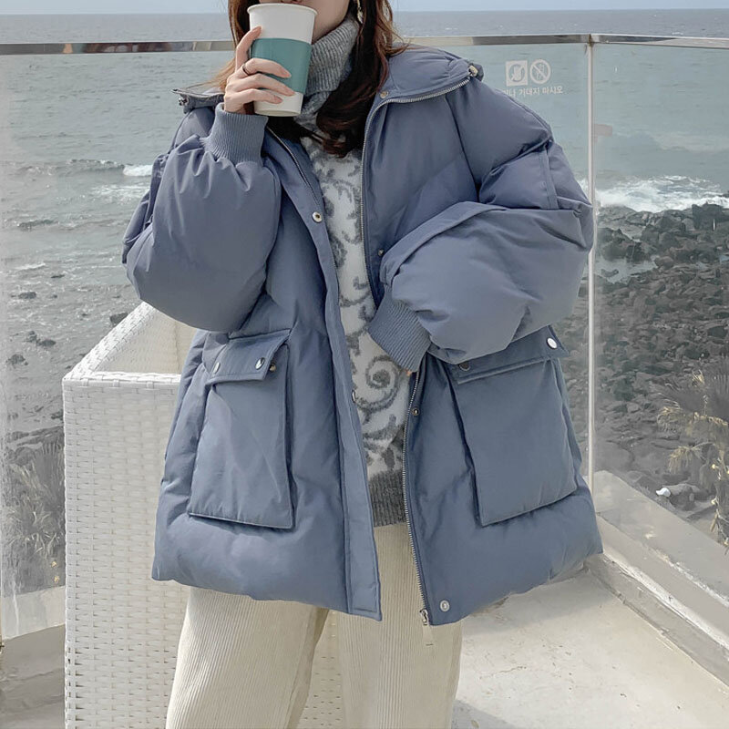 2021 koreanische Winter Unten Padded Jacke Frauen Short Chic Brot Lose Dicken Harajuku Student Mit Kapuze Padded Jacke Baumwolle Kleidung