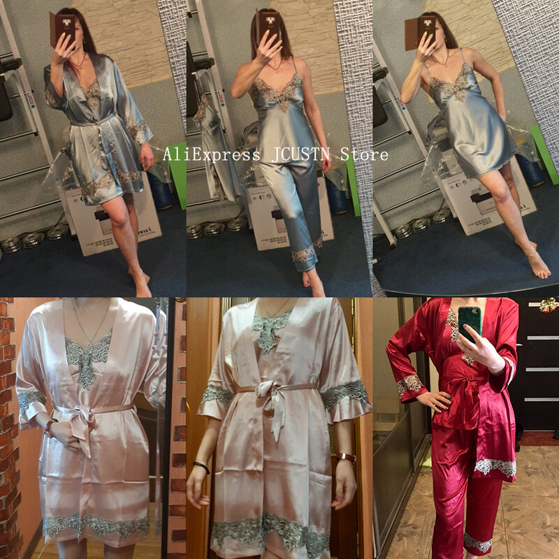 4PCS Satin Sleepwear Lady Pajamas Suit Nighty&Robe Set Sexy 