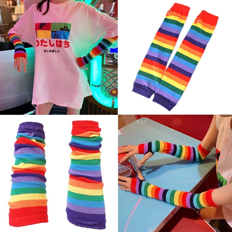 Knitted Arm Rainbow Color Sleeve Tattoo Cover Up Sleeves for Summer Driving L41B