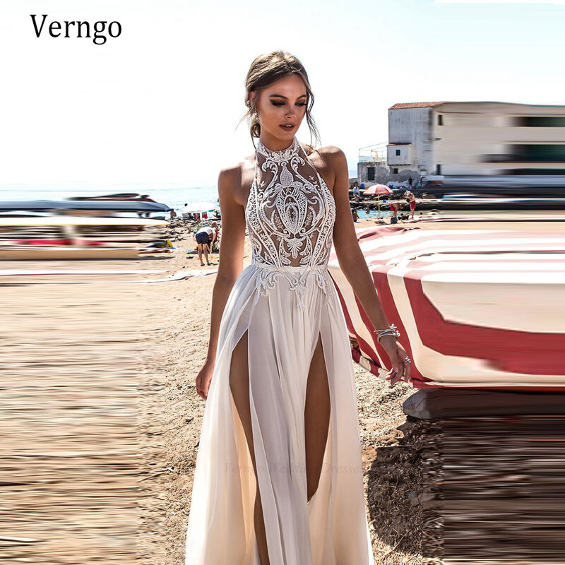 Verngo Beach Wedding Dress Boho Bride Gown Sexy High Side Slit Halter Lace Top Chiffon Skirt Long Backless Bridal Dresses