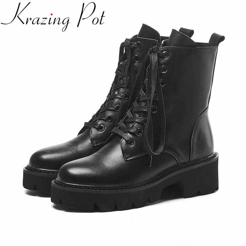 Krazing Pot – bottes de moto superstar en cuir véritable, chaussures à talon moyen épais, plate-forme, bout rond, rivets en métal, lacets à la cheville, l36