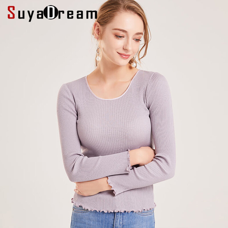 SuyaDream Ribs O neck Plain Pullovers 30%Silk 70%Cottom Slim Fit Women Thin Bottoming Sweaters 2019 Autumn Winter Knitwear