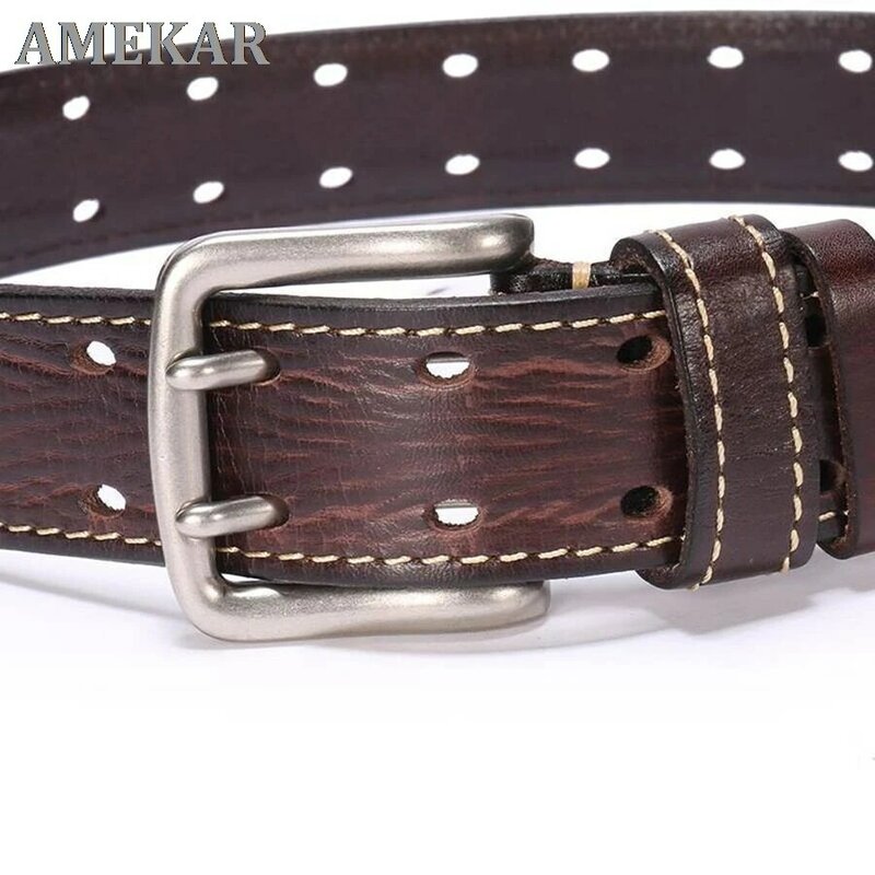 Cinturón de cuero genuino de doble punta para hombre, clásico, doble fila de agujeros, Universal, ahuecado, con hebilla de Pin auténtica