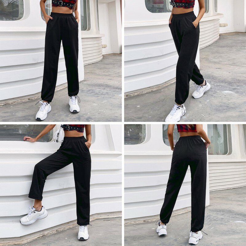 EFINNY-Pantalones deportivos informales para mujer, pantalón holgado de cintura alta, color negro, para primavera y verano