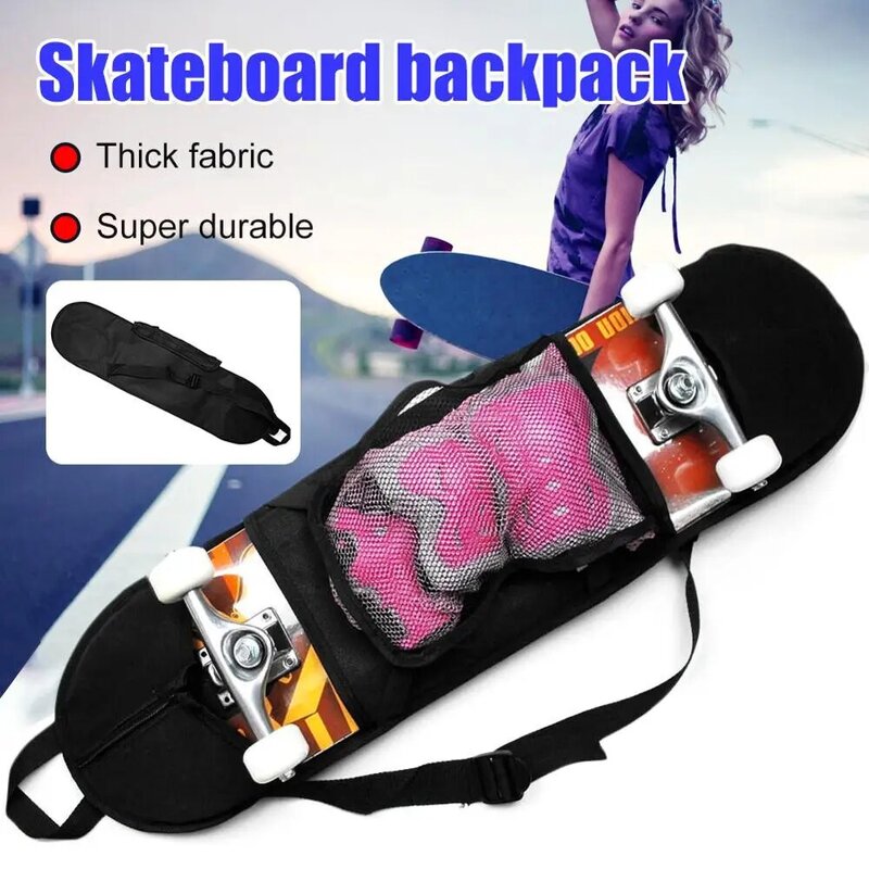Mochila de skateboard prática preta chiffon alça de ombro ajustável bolsa de malha para skateboard longboard