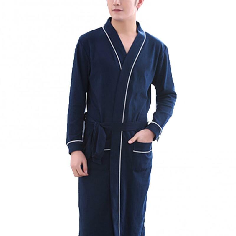 Casual Men Soft Color Block Pockets Long Sleeve Bath Robe Home Gown Sleepwear