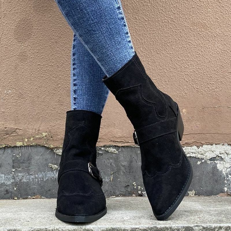 Autumn Winter 2021 Women's Fashionable Suede Belt Buckle Decorative Zipper Pointed Thick Heel Boots Personalized Hot Sale HL622