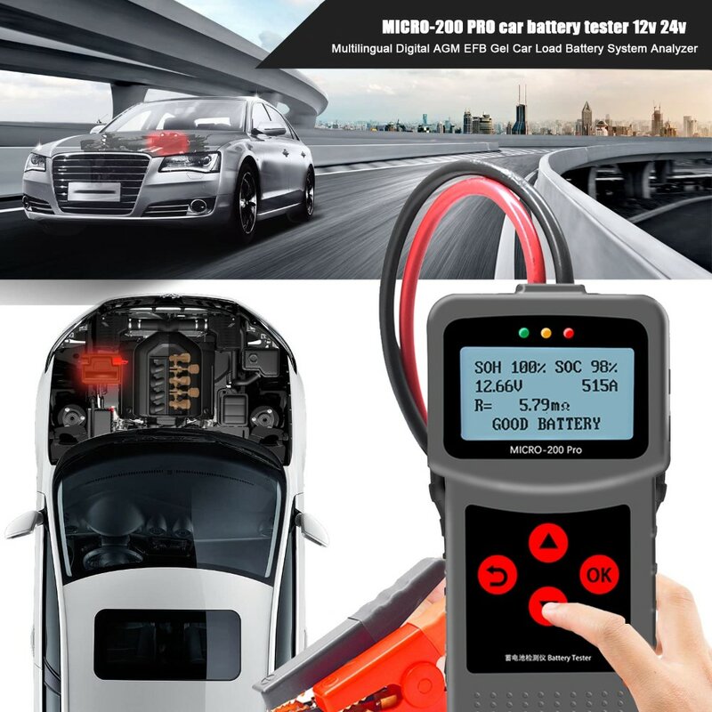 Analizzatore automobilistico multilingue del sistema della batteria del carico del Gel di Digital AGM EFB MICRO-200 del Tester della batteria dell'automobile di 12V 24V PRO