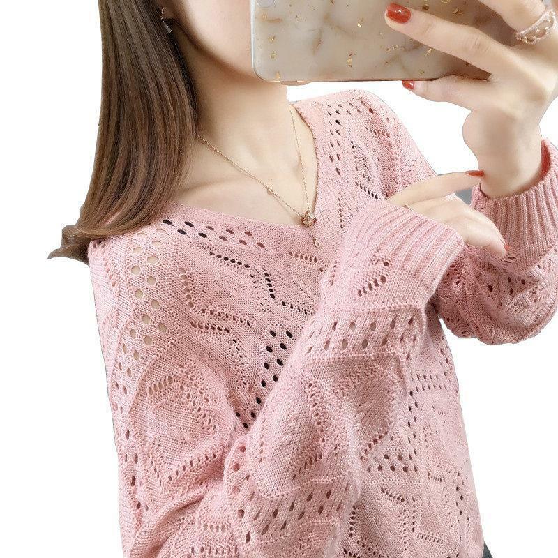 Sweater Wanita Rajutan Berongga Pullover Musim Gugur Baru 2021 Atasan Mantel Pakaian Luar Tarik Ringan Longgar Wanita