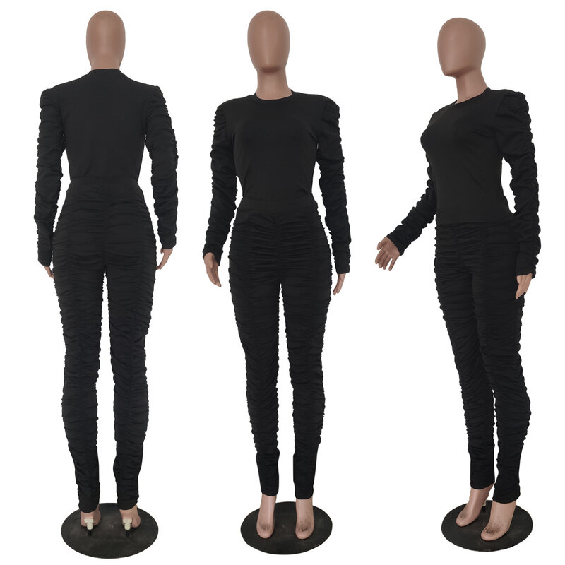 쌓인 바지 여성 2 조각 세트 단색 긴 소매 자르기 탑 + 하이 웨이스트 레깅스 세트 2022 가을 운동 Activewears