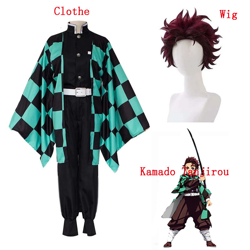 Costume de Cosplay, cape, perruque, Kimono, ensemble uniforme de fête d'halloween, Anime Demon Slayer Kamado Tanjirou