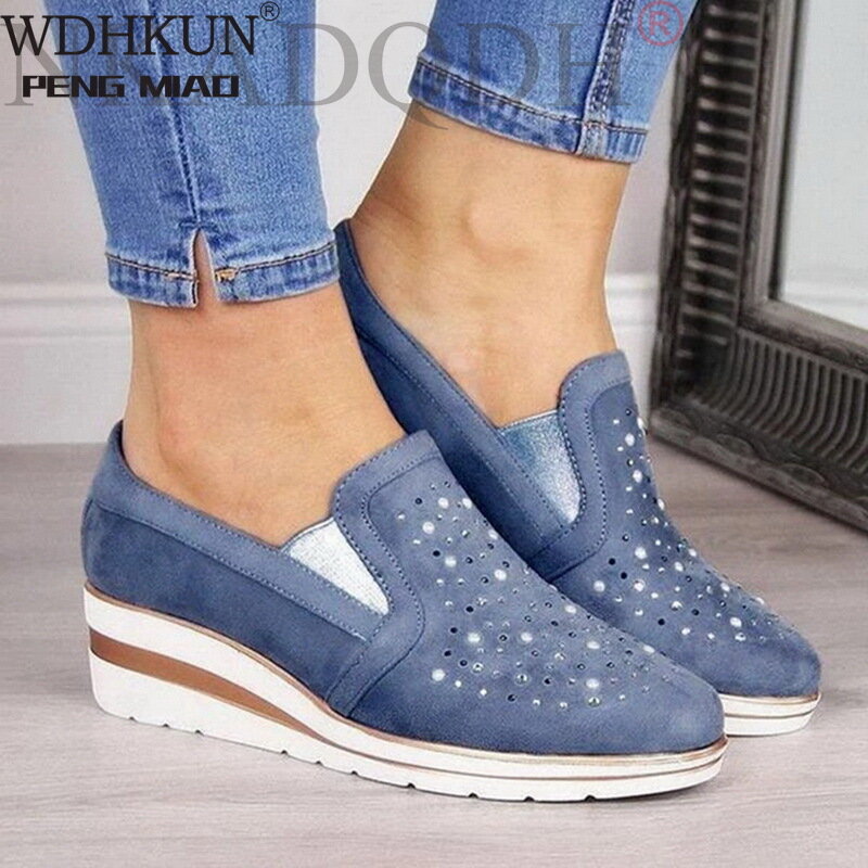Women Wedge Shoes Summer Autumn Casual Canvas Sneakers Breathable Platform Sneakers Meddle Heel Pointed Toe Pump Air Mesh Shoes