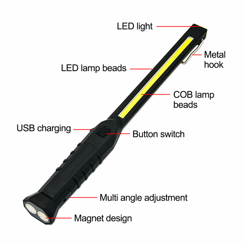 Lampe de travail COB LED sans fil Rechargeable, lampe torche longue d'inspection magnétique d'urgence, éclairage d'extérieur pour atelier Camping