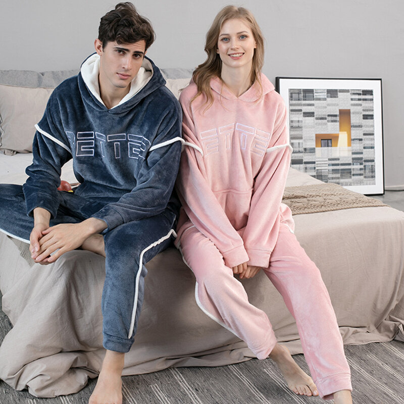 Pijamas de flanela conjunto masculino casual solto inverno casal pijamas terno 2 pçs com calças compridas grosso quente casa roupas de dormir feminino