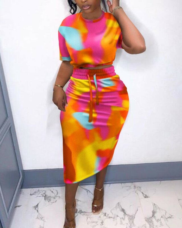 Women's Skirt Suit Clothing 2021 Autumn New Fashion Two-piece Tie Dyed Printed Bandage Split Short Sleeve Skirts Casual Suits