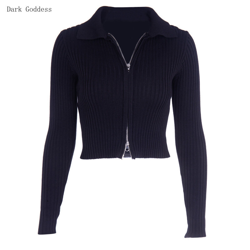 Suéter de manga larga con cremallera para Mujer, Jersey de punto ajustado, Top corto con solapa, color negro, primavera y otoño, 2021