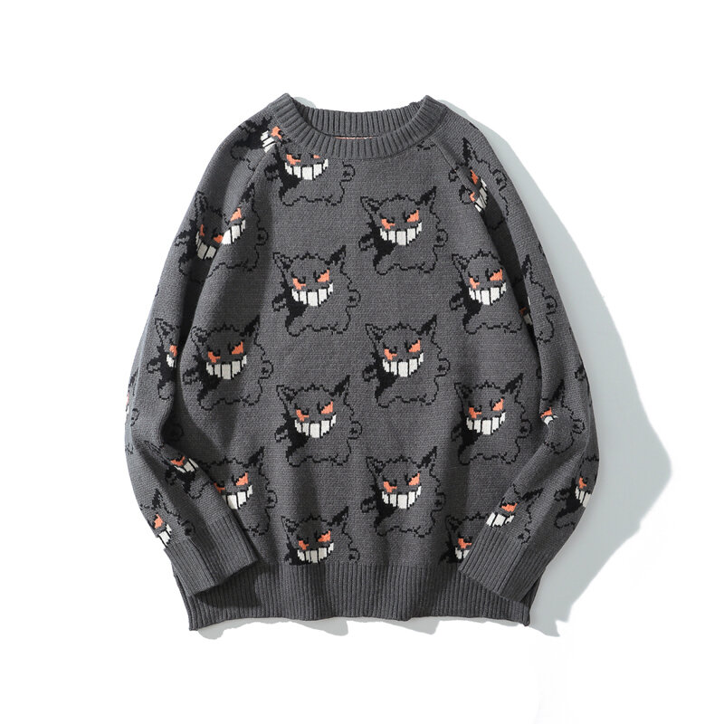 Devil Jacquard Sweter Pria Harajuku Hip Hop Streetwear Spandeks Pulover Sweter Longgar Fashion Kasual Pasangan Pria Sweater