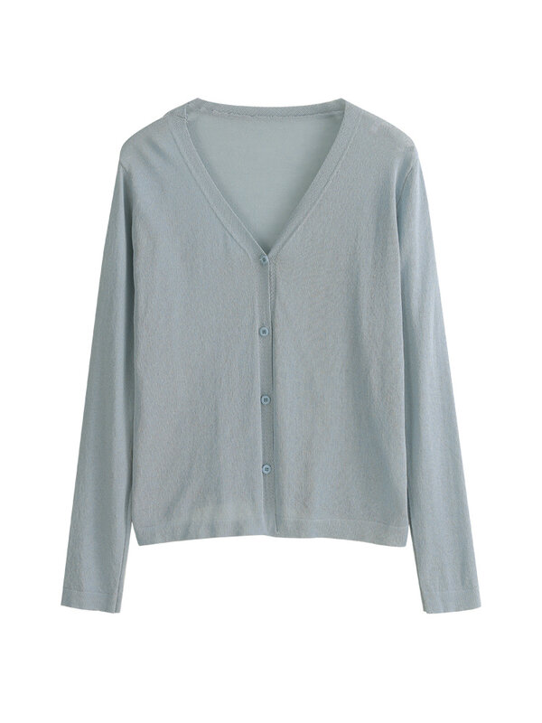 Cárdigan de seda de hielo para mujer, suéter fino de verano con falda con tirantes, Blusa de manga larga de punto