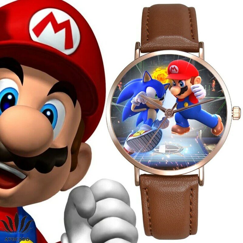 Mario Super Sonic Children's Watches Premium Leather Strap Quartz Wristwatches Watch For Kids Cartoon Sonic the Hedgehog