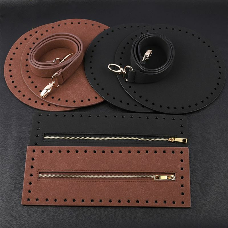 4Pcs/Set Bag Bottom Base Round Faux Leather Strap Zipper for DIY Crochet Handbag