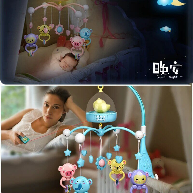 赤ちゃん用の回転式ガラガラ,0〜12か月の子供用のリモートモバイルおもちゃ,オルゴール,回転式ベッド,常夜灯付き,0〜12m