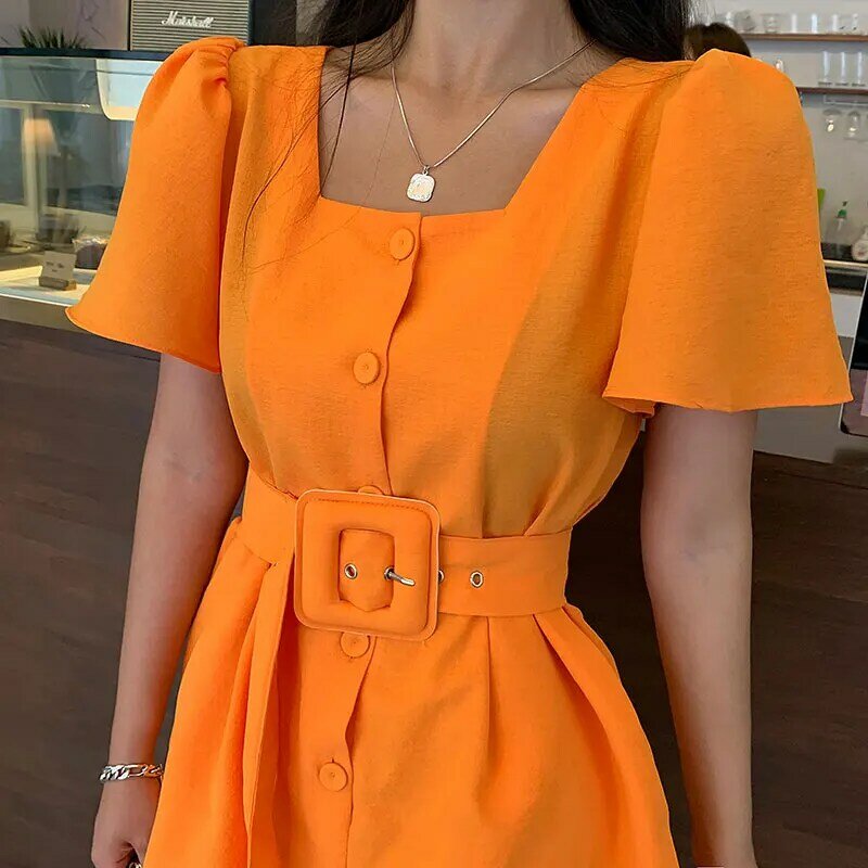 New Fashion Square collar Summer Women's short Sleeve Jumpsuit High Waist Sashes single-breasted Romper Overalls Female