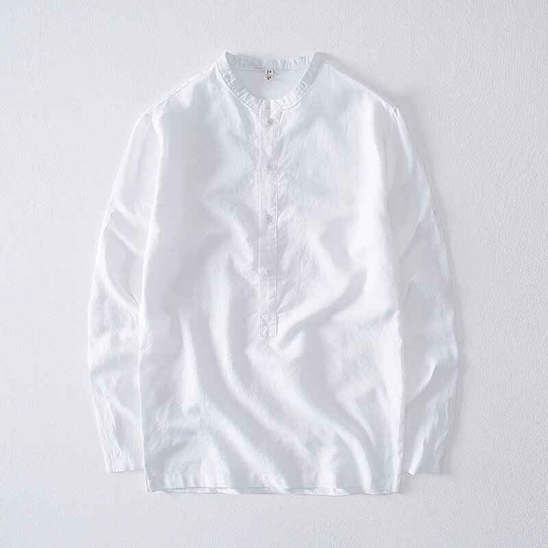 Camisa de manga larga para hombre, camisa de alta calidad de Color sólido, informal, cuello levantado, de lino y algodón, Tops