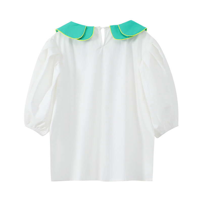 Женская Офисная рубашка, модная двухслойная Свободная блузка контрастных цветов с пышными рукавами и воротником, корейский стиль, лето 2021