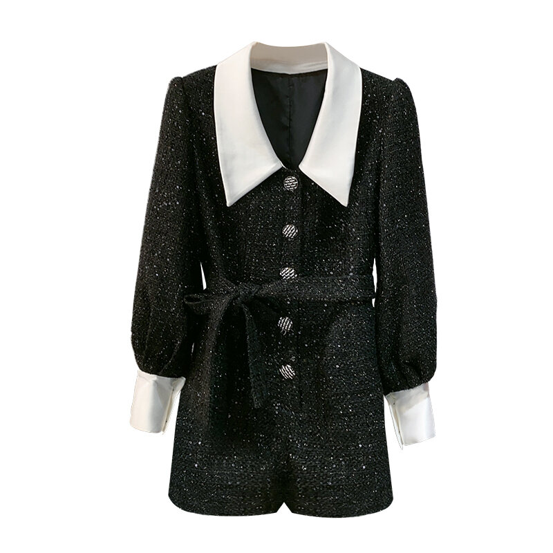 Macacão feminino manga comprida xadrez tweed, casaco liso com lapela, elegante, de alta qualidade, preto, outono 2020