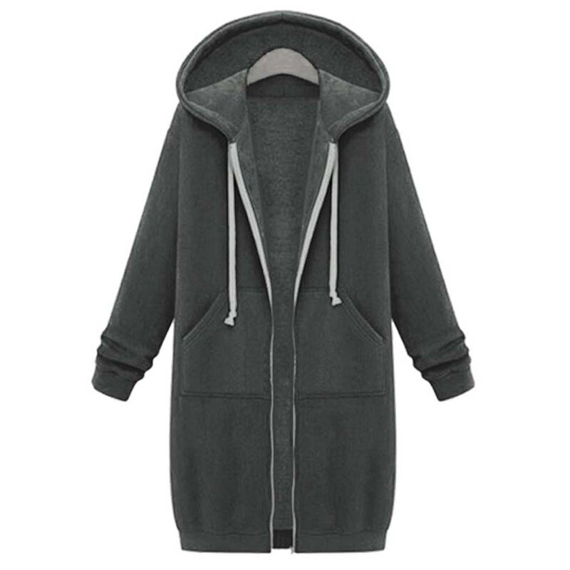 Uma vez 2020 outono casual feminino longo hoodies moletom casaco zip up outerwears jaqueta com capuz bolsos de inverno mais tamanho outwear topos
